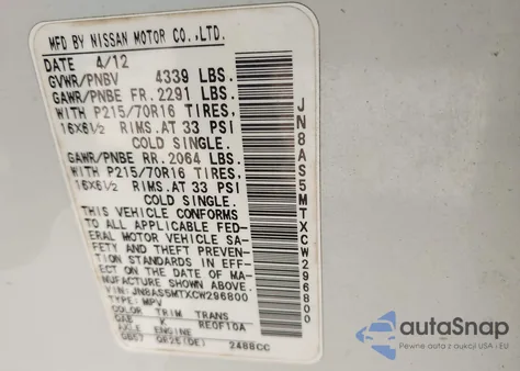 2012 Nissan Rogue S z USA, uszkodzony, nr VIN JN8AS5MTXCW296800